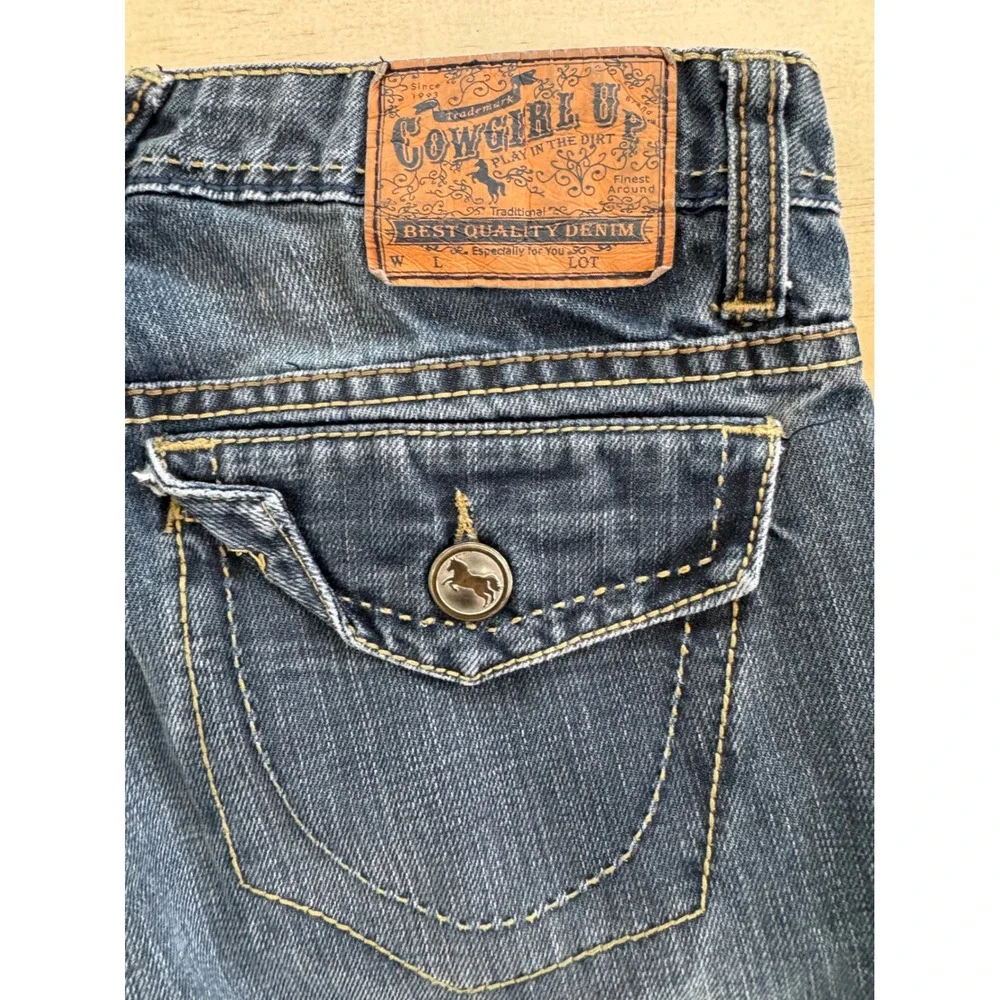 Cowgirl Up Bootcut Womens Jeans 2/27x34 Blue Denim  Leg Flap Pocket  Ranch Rodeo